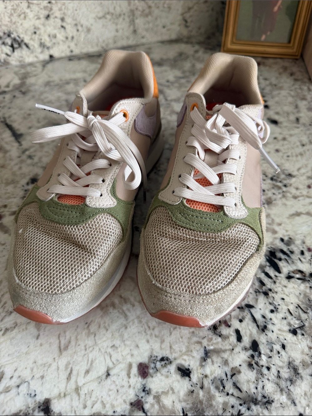 Women's Neutral Multi-Accent Lace-Up Sneakers in Beige and Green